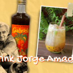 Uma colagem com uma fotografia do drink Jorge Amado, uma garrafa de licor Gabriela e uma foto do escritor Jorge Amado