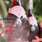 Imagem ilustrativa com garrafas do icor de jabuticaba "boto" e os dizeres "onça bêbada e a lenda do boto"